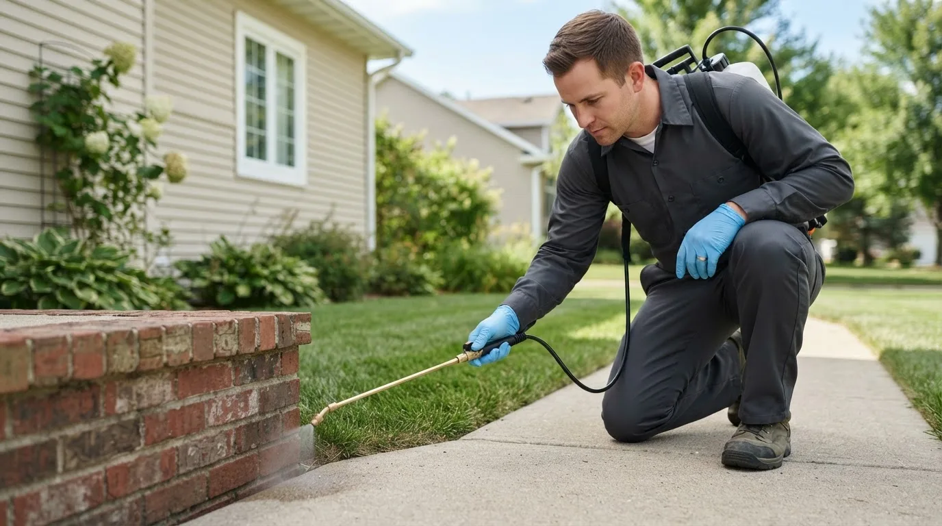 Pest control technician treating a home near Woodside, DE